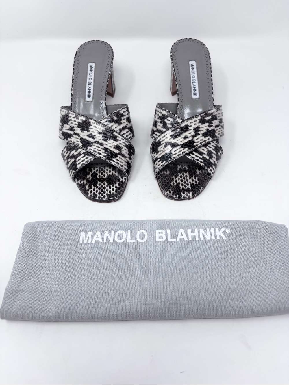 Manolo Blahnik Otawi Snakeskin Leather Crisscross Mule Sandal Black Cream 39.5